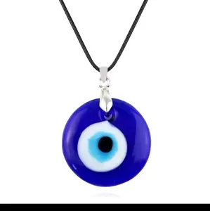 Evil Eye Necklace with Blue Pendant and Black Eye Design on Black Chain