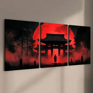 3 Counts Wooden Framed Canvas Painting, Mysterious Samurai Temple Under Red Moon, Exquisite Poster, Perfect Living Room Decoration, Modern Art, Modern Abstract Design, Fashion Family Poster, Wall Art Decoration, Waterproof Art