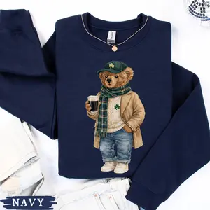 Lucky Teddy Bear St Patricks Day Sweatshirt, Preppy Irish Beer Lover Crewneck, Plaid Shamrock Bear Pub Crawl Sweater, Trendy Teddy Bear Gift