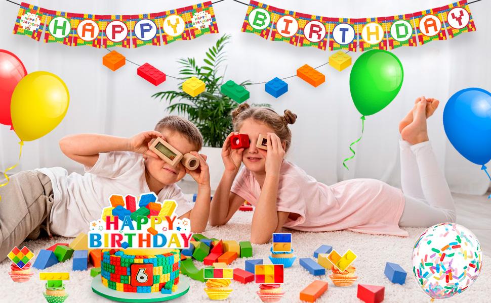 Block Party Decorations,53 Pcs Building Blocks Birthday Decorations Set - Building Block Birthday Balloons,Building Block Banner Cake Topper etc Colorful Building Block Birthday Party Supplies