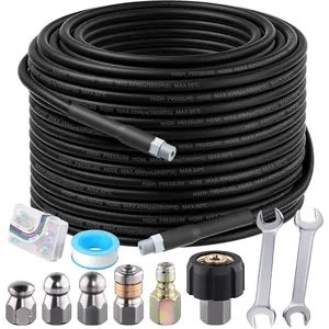 Sewer Jetter Kit 100FT for  Washer 5800PSI Drain Cleaner Hose 1/4" NPT Corner Rotating and Button Hose Sewer Jetting Nozzle  Tape  Corsage Pin with 2 Spanner