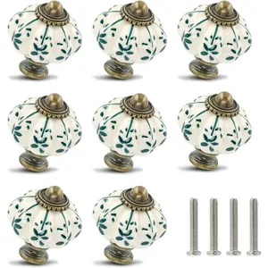 Ivory & Green Pumpkin Knobs 12 Pack Ceramic Cabinet Knobs Vintage Drawer Pulls - Antique Dresser Pulls with Screws - Green Flower