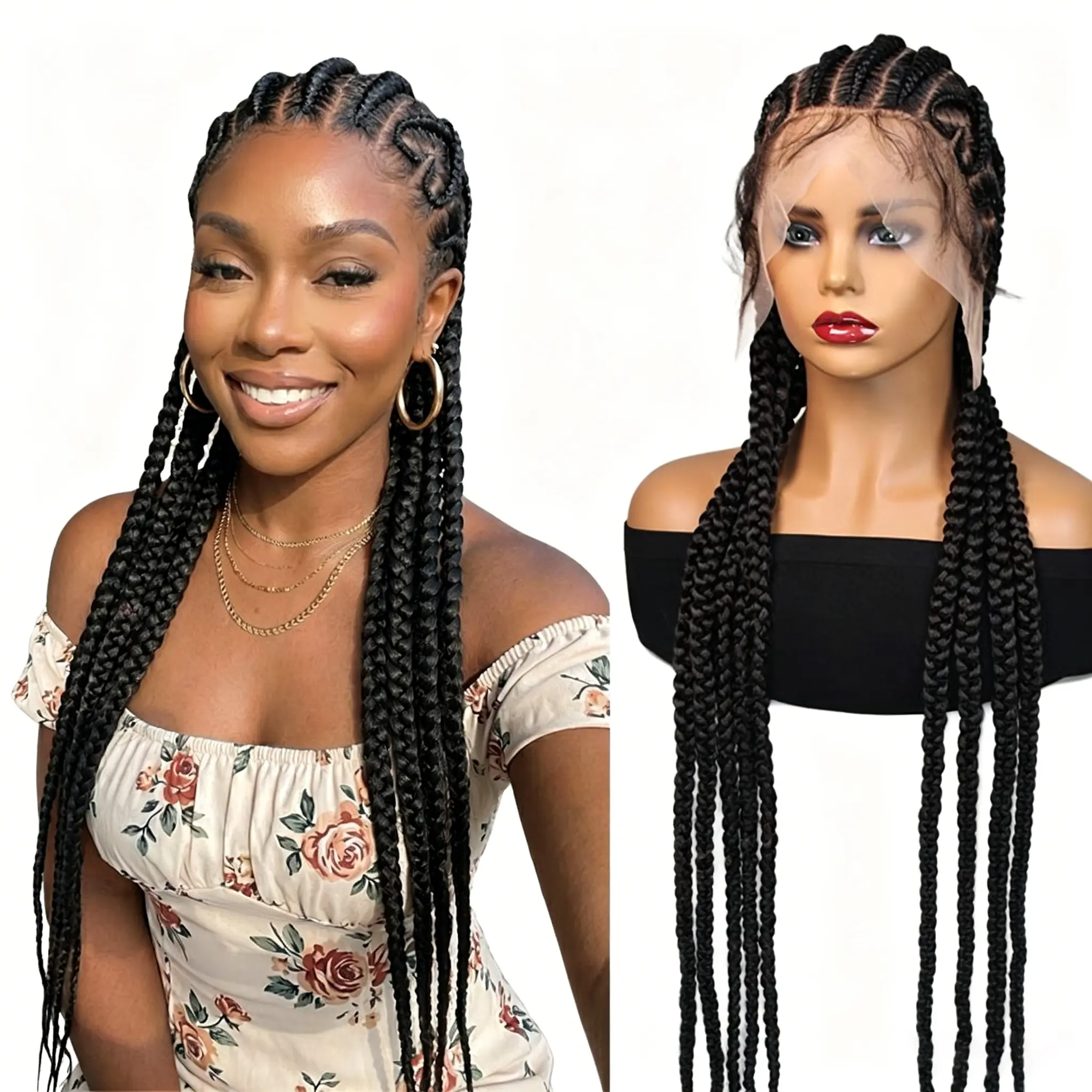 DOSAY 32Inch Synthetic Full Lace Natural Braided Lace Wig Jumbo Cornrow Braided Wigs Heart Shape Knotless Braids Wig for Black Women