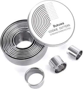 12 Pieces Round Cookie Biscuit Cutter Set, Graduated Circle for Pastry, 18/8 Stainless Steel Donut Cutter Ring Molds