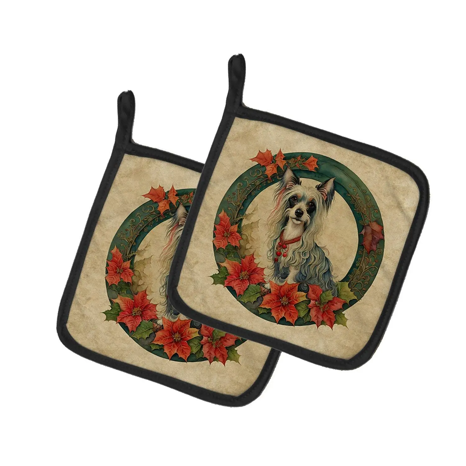 Thick Square Christmas Art Pot Holders - 7 1/2 Inches, Durable, with Hanging Tab, Functional Pair for Executive Chefs (Home Supplies, Festive Decorations), Polyester Fabric