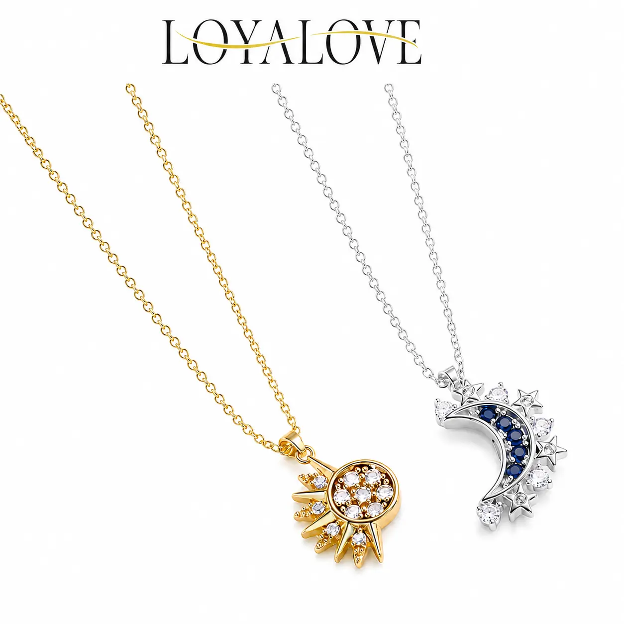 LOYALOVE Women's 2-Pieces Magnetic Sun & Moon Matching Sets Necklace, CZ Celestial Pendant Jewelry with Layered Look, Gold & Silver Daily Wear Gift for Her