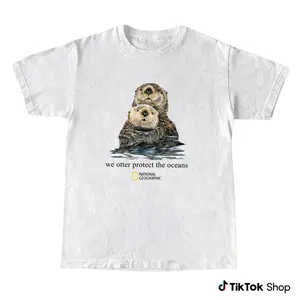 Otter Go With The Flow T-Shirt, Cute Sea Otter Graphic Tee for Animal Lovers, Nature Inspired Unisex Cotton Casual Streetwear, National Geographic Style Vintage Graphic Tee Trendy Outfit