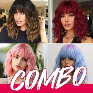 [Combo Sale 2 Wigs Only $29.9] 12" Short Bob Wigs With Bangs Body Wave Synthetic Hair Wigs Colored Hair Extentions Blue / Red / Black Root Brown Hair