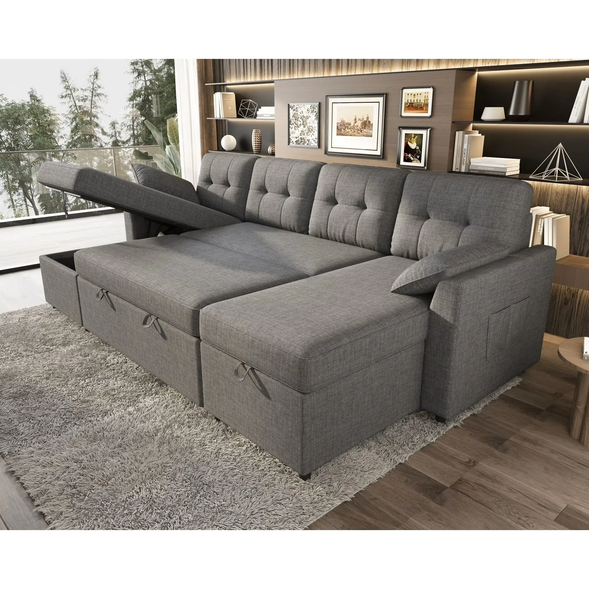 [Summerwins][Ships in Multiple Packages] AMERLIFE Linen  84"/112" Sectional Sofa with Storage Chaise, Reversible Pull Out Couch Bed,  L Shaped/ U Shaped Couch, Oversized Sleeper Sofa for Apartment, Living Room