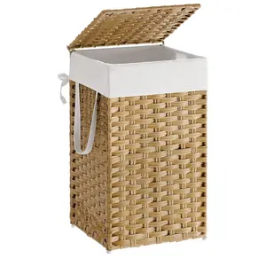 SweetDreamy House Woven Laundry Basket with Lid, 65L Large Capacity Hamper, Removable & Machine-Washable Liner, Foldable Rattan Clothes Hamper, Sturdy Steel Frame, Odor Control Organiser