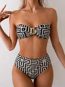 Women's High Waist Geometric Print Bikini Swimsuit, High Waisted Swimsuit, Comfortable Fashion Swimwear, Perfect for Beach and Pool, Stylish Supportive Tummy Control Bikini