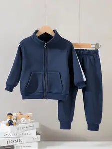 2-piece boys' fashion set autumn/winter fleece-lined long-sleeved jacket and trousers casual infant color-block zip-up jacket and cuffed trousers children's warm sweatshirt set suitable for going out Clothes Kids