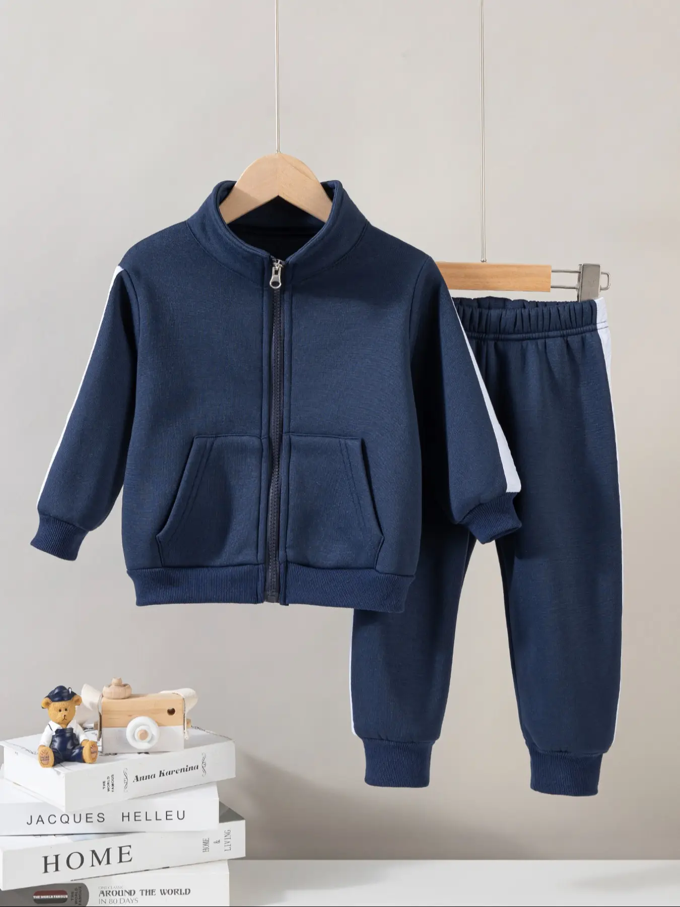 2-piece Boys' Fashion Set Autumn/winter Fleece-lined Long-sleeved Jacket and Trousers Casual Infant Color-block Zip-up Jacket and Cuffed Trousers Chil