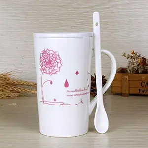 LeCharm Ceramic Tea/Coffee Mug with Lid and Spoon - Minimalist Art of a Dandelion