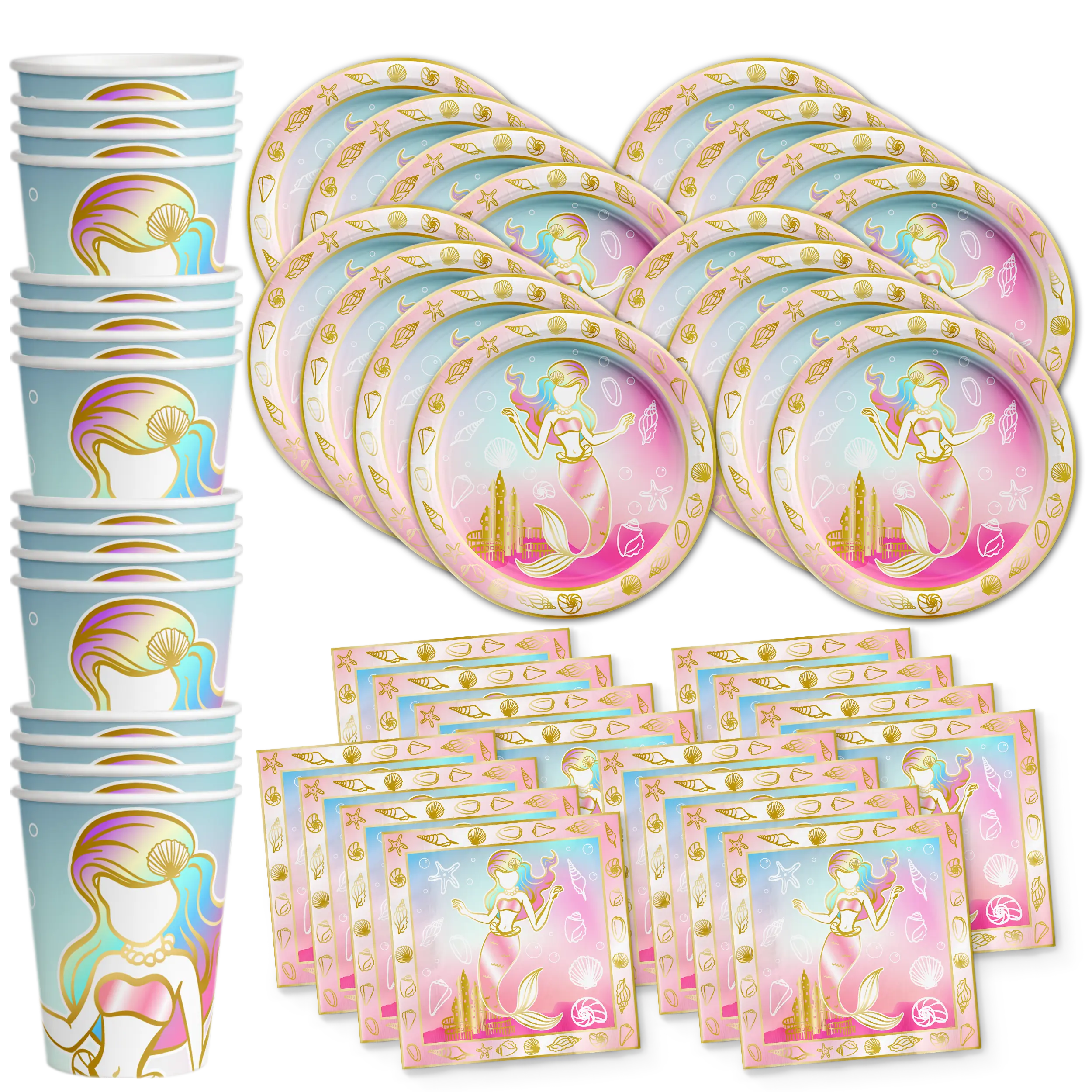 Mermaids Gold Birthday Party Tableware Kit For 16 Guests