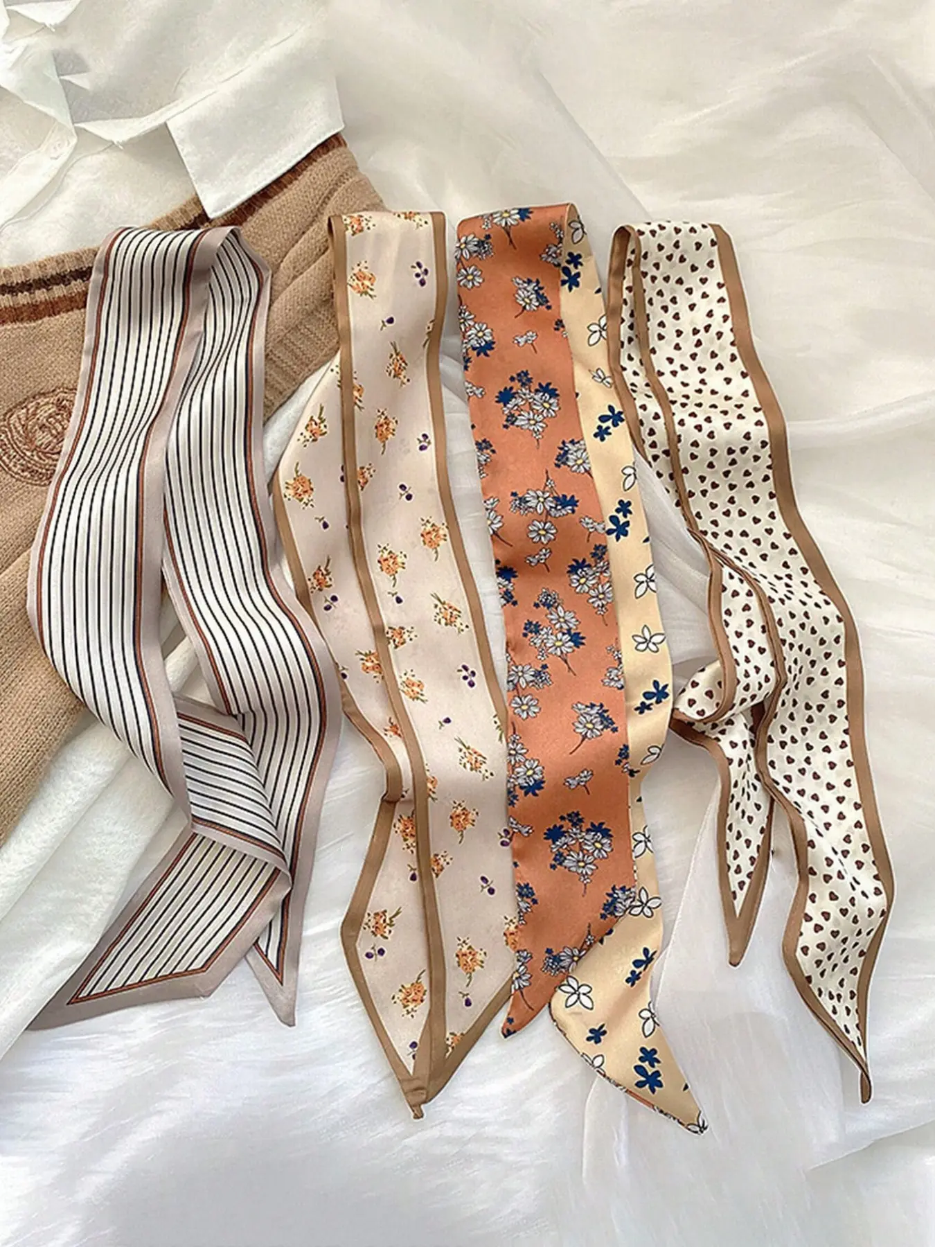 4pcs/Set Women's Vintage Floral Striped Printed Scarf Hairband Neck Scarf, Casual Soft Scarf, For Casual, Daily, Dating Occasions, Multi-Purpose Gift For Dress-Up Gym Valentine's Day Headband Sweatband, Hairwraps, Versatile Headscarf, Fashion Hair Scarves