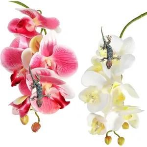 2 Pieces Artificial Phalaenopsis with Suction Cups Terrarium Plant Decoration Reptile Habitat Plant Decor for Hermit Crab Lizards Geckos Snake (Dark Pink, White Yellow)