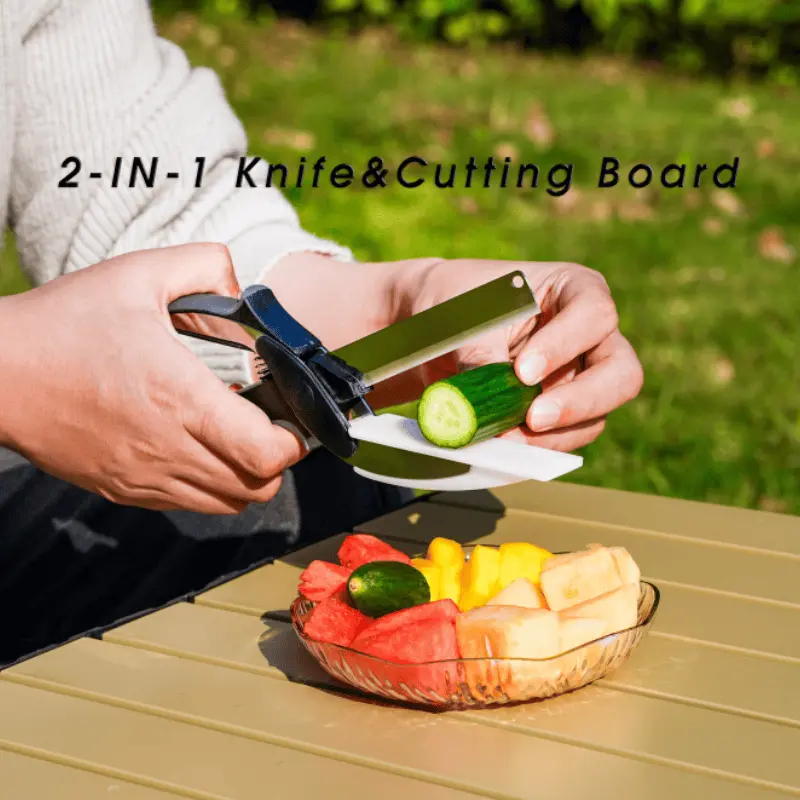 2 in 1 Kitchen Scissors for Food – Stainless Steel Blade & Plastic Cutting Board Scissors with Safety Lock | 9.5" Tomato Knife, Fruit & Vegetable Cutter – Easy-to-Use Kitchen Shears for Meat, Cheese