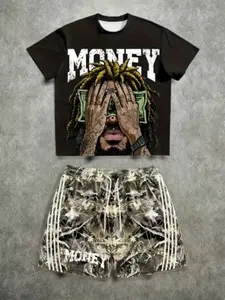 Men's Money Braid Pattern Printed T-Shirt Set, Breathable Elastic Knit Fabric, Round Neck, Party Wear, Casual, Fashion Essential