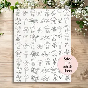 stick and stitch embroidery patterns, full page mini mushrooms and flowers, mini embroidery patterns
