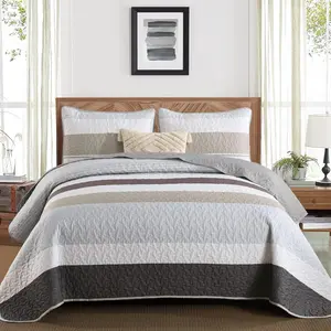 Grey Boho Set Queen Size,Fall Gray Bedding Sets Striped Patchwork Brown Bedspread Lightweight Micofiber Farmhouse Coverlet Bed with 2 Pillowshams for Men Winter Autumn