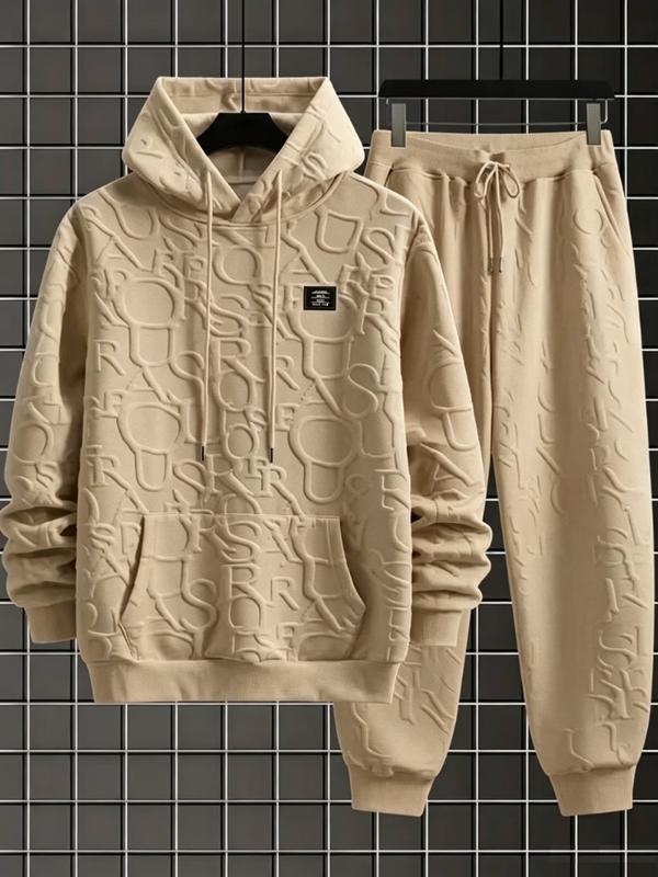 Men's Embossed Letter Hoodie Set 2 Piece Tracksuit Casual Streetwear Pullover Sweatshirt Jogger Pants