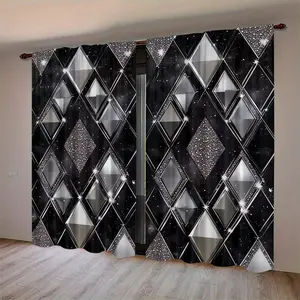 2 Piece Printed Curtains, Diamond Grid Pattern, Background with Silver Color Decor and Stars, Rod Pocket Design, Home Decoration Curtain, Window Curtain