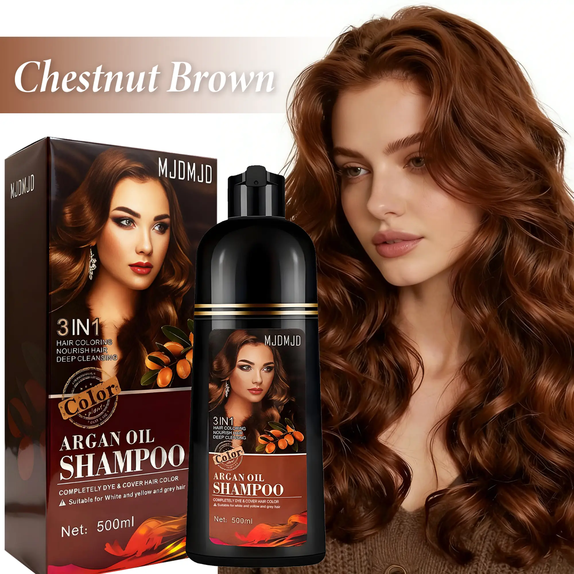 Chestnut Brown Hair Dye Shampoo 3-in-1 with Argan Oil, Moisturizing Hair Color for Gray Coverage & Root Touch Up, Nourishing Color Shampoo, No-Mix Easy At-Home Use for Women & Men