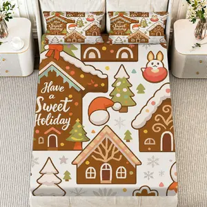 3Pcs Gingerbread Christmas Holiday Fitted sheet Three Piece Set (1*Fitted Sheet+2*Pillowcases, Coreless), Christmas theme, Holiday Sweet Home Bedding Set, Mattress protector Soft, Breathable