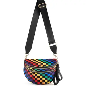 Black and White Checkered Crossbody Bag Bum Bag for Women,Spacious Checkered Purse Fanny Packs Belt Bag