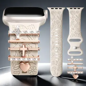 Digi Charm Daisy Carved Silicone Band for Apple Watch 38 40 41 42mm – Soft Dressy Strap with Floral Engraving & Pendant for iWatch Series SE–11