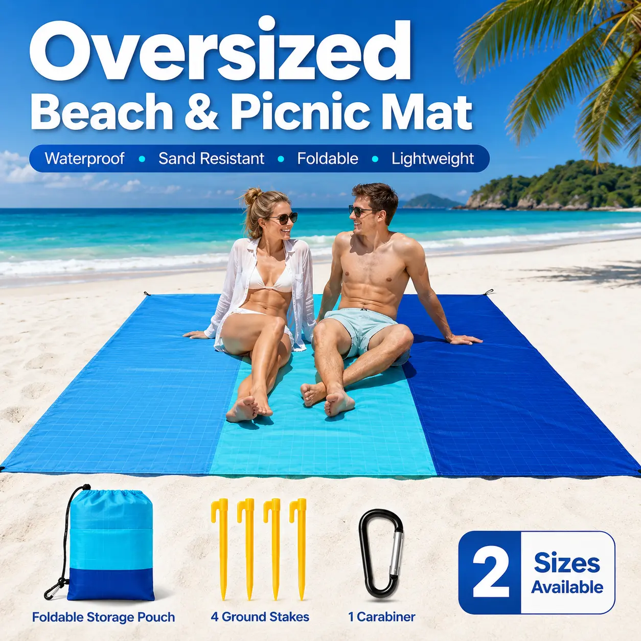 Sandproof Beach Mat - Family-Sized Grid Weave Picnic Blanket, Foldable Waterproof Lightweight Ripstop for Camping & Travel, Includes Stake & Pouch
