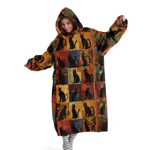 Cute Cat Patchwork Print Hooded Blanket, Animal Blankets, Cozy Soft Home Bathrobe, Warm and Comfortable Wearable Throw, Perfect Holiday Gift
