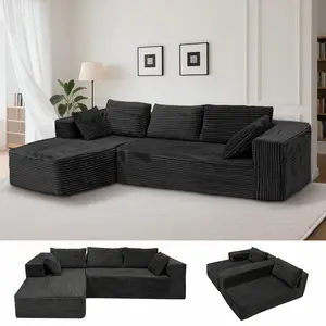 108.5” Modular Cloud Sectional Sofa with L Shape Chaise, Oversized Boneless Deep Seat Couch with Corduroy Fabric, No Assembly Required Living Room Sofa, Black，Dark gray tiktokshopspringglowup