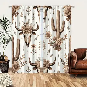 2pcs Window Curtains, Seamless sepia pattern of bull skulls with floral crowns, saguaro cacti, and desert botanicals, creating a vintage Western aesthetic.Window Drapes for Bedroom Living Room, Rod Pocket Window Treatment, Home Decoration Curtain