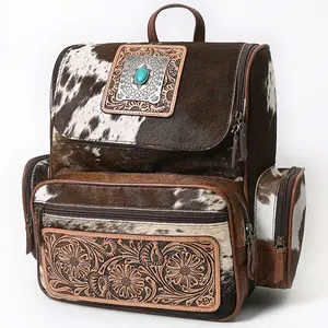 American Darling Backpack for Women, Hand Tooled Floral Leather, Hair-On Cowhide, Turquoise Concho, Genuine Western Leather