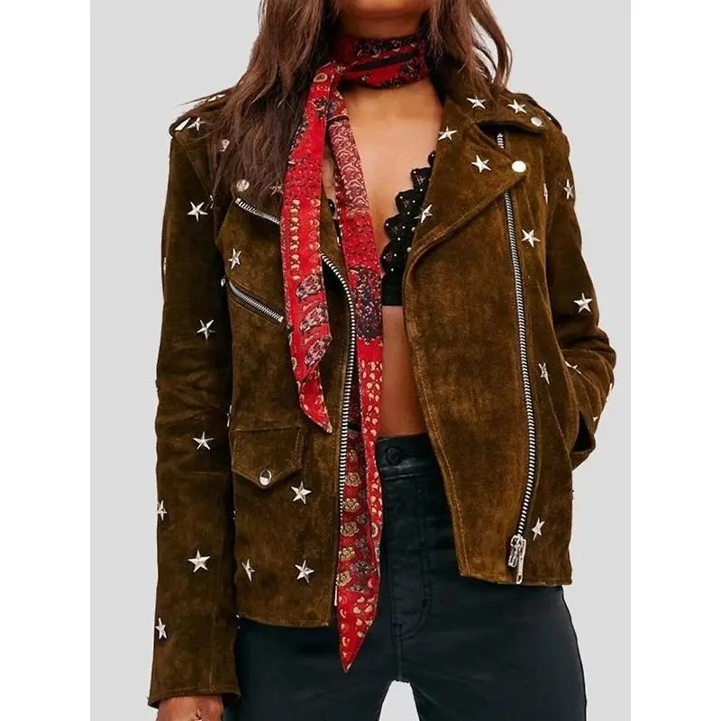Women's Studded Brown Suede Leather Jacket