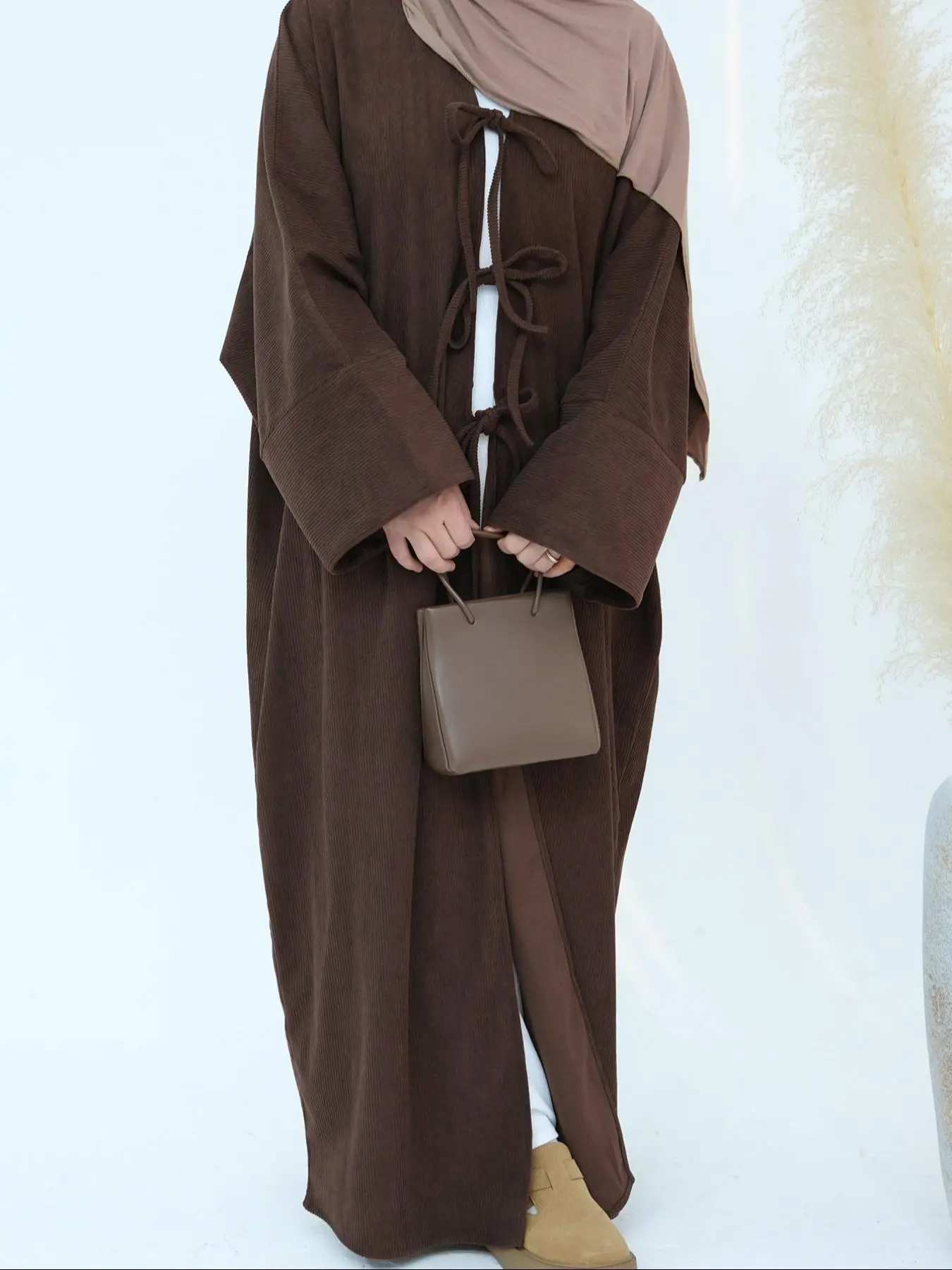 Women's Solid Color Corduroy Abaya, Casual Long Sleeve Tie Front Muslim Dress for Fall & Winter, Women's Islamic Clothing for Daily Wear, Dresses for
