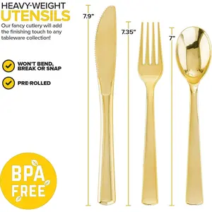 400PCS Pre Rolled Gold Plastic Silverware Sets Heavy Duty Gold Cutlery Include 100 Pack Wrapped Disposable Utensils with Napkins for Parties Dinners & Weddings
