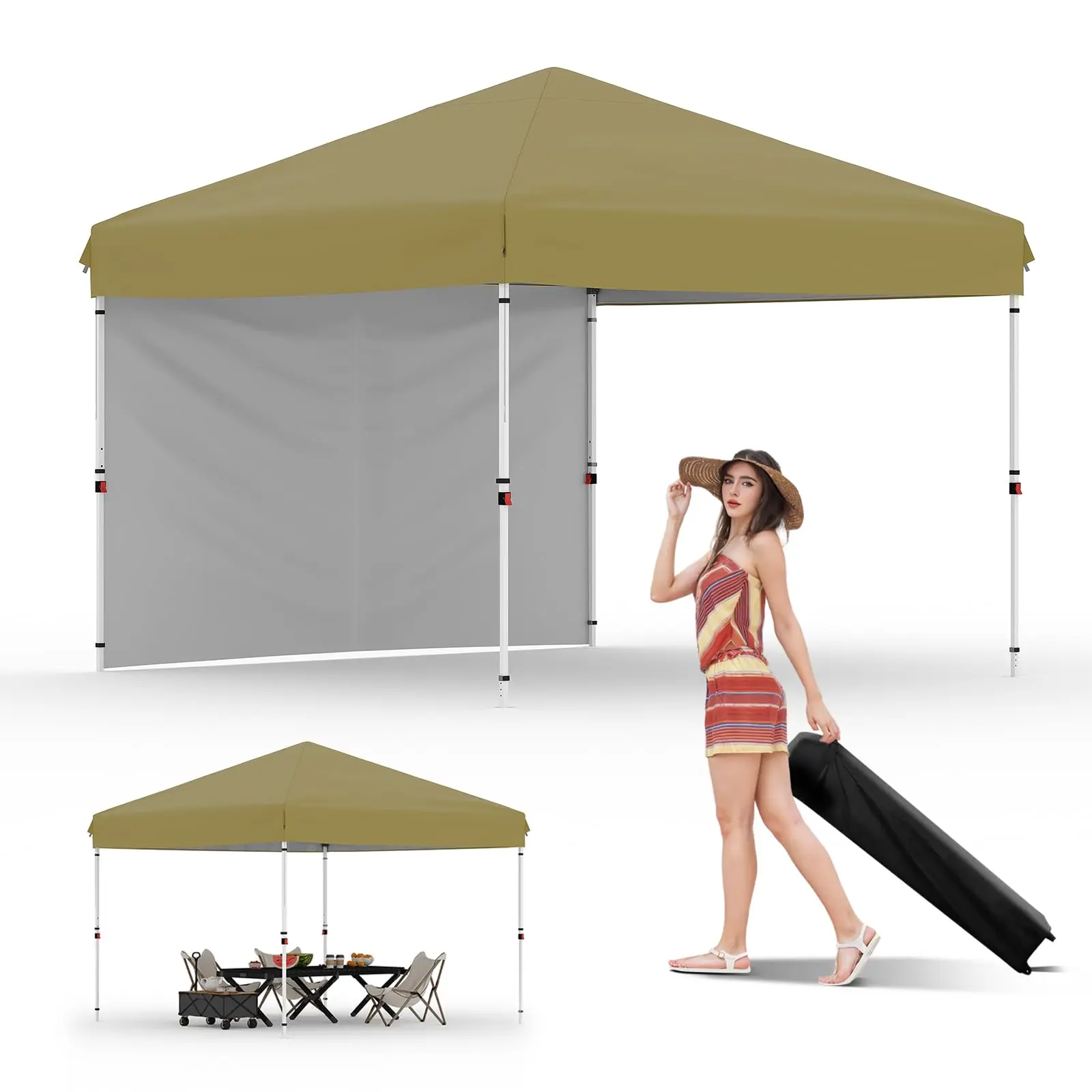 10x10 FT Heavy-Duty Pop Up Canopy Tent, Waterproof Outdoor Shelter with Single Removable Sidewall, Easy One-Person Setup & Adjustable Height, Comes with Roller Bag and Weight Sandbags, Perfect for Patio, Garden, Camping, Beach & Parties