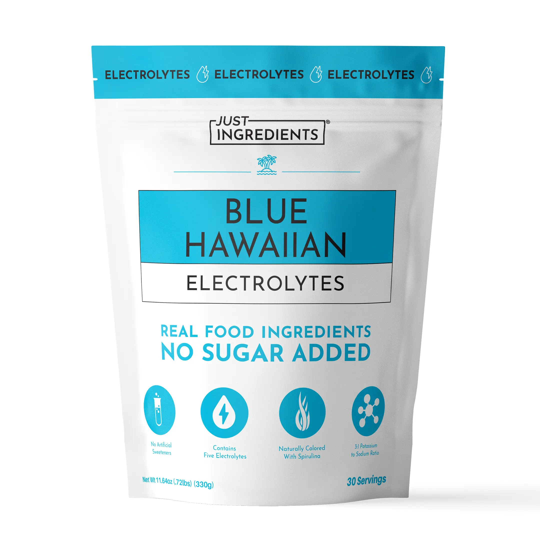 Just Ingredients Blue Hawaiian Electrolytes - 30 Servings - Supports Daily Hydration, Electrolyte Balance & Muscle Recovery* - 3:1 Potassium-to-Sodium Ratio - Drink Mix - Coconut Water, Blue Spirulina, Sea Salt, Trace Minerals