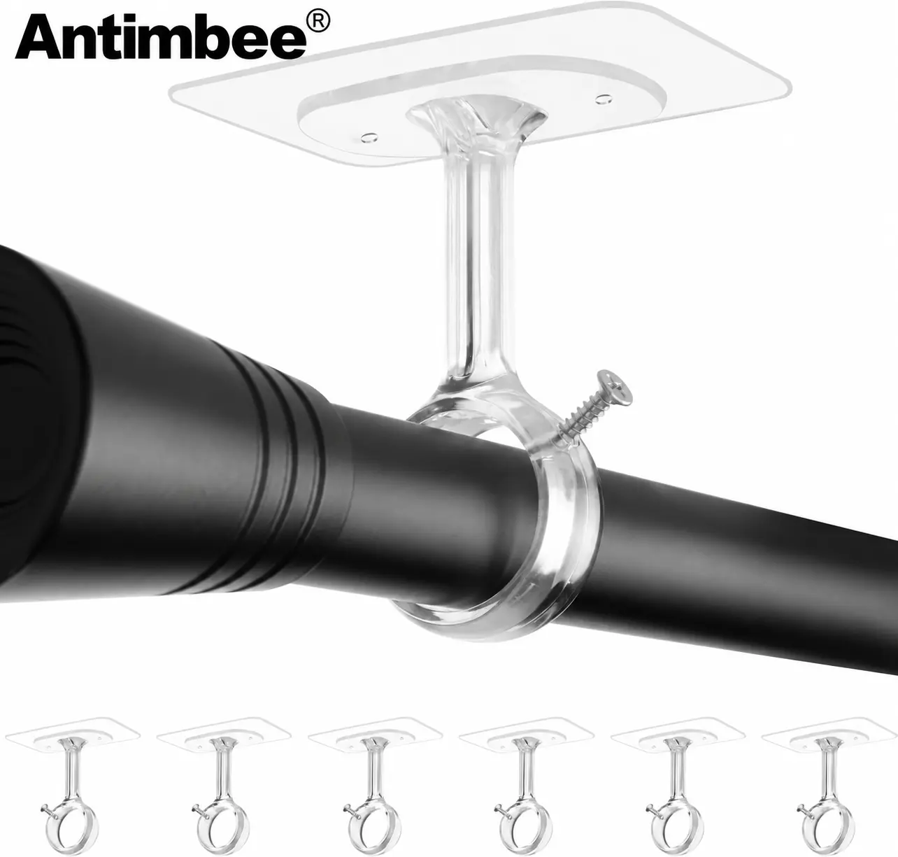 Antimbee 6-Pack Heavy-Duty Self-Adhesive No-Drilling Ceiling-Mounted Curtain Rod Brackets - Ceramic & Polycarbonate Holders with Acrylic Gel, 0.8-1.24 in Fit for Renters, Garage, Bathroom, Apartment
