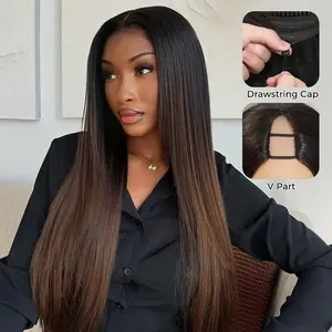 Mscoco Yaki Straight Ombre V part Wig Chestnut Brown Ombre Glueless V Part Wig With Invisible Drawstring
