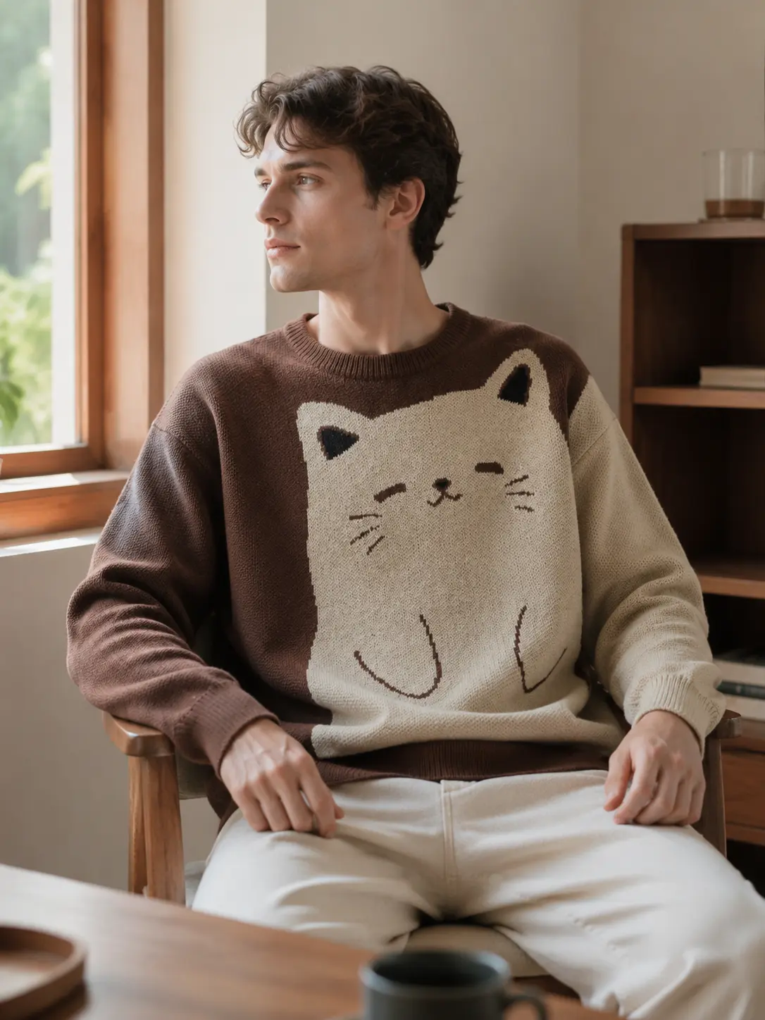Men's Round Neck Color Block Sleepy Cat Graphic Knitted Pullover - Longsleeves, Soft Warm, Loose Oversize, Casual Streetwear for Fall Winter Daily Outfits Pairable with Baggy Jeans, Joggers, Sweater, Oversized, Chic, Polyester, Thanksgiving