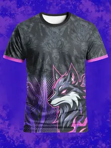 Men's Neon Wolf Pattern Sport T-Shirt, Gothic Street Style Cool Round Neck Short Sleeve Top, Loose-Fitting All Seasons Clothing, Active T Shirts