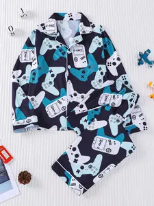 Game Controller Print Casual Pajama Set, Fire Retardant Button Front Long Sleeve Top and Pants, Fall Winter Home Wear, Print Sleepwear