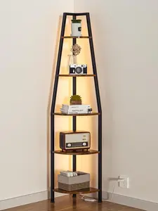 5 Tier Corner Shelf with LED Light, 67.2 Tall Standing Shelf for Wall Corner, Narrow Bookshelf Ladder Shelf for Bedroom, Living Room, ,  Storage Rack, Metal Frame (Rustic Brown)