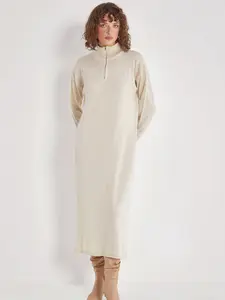 High-Neck Cotton Knit Dress with Zipper - Ivory