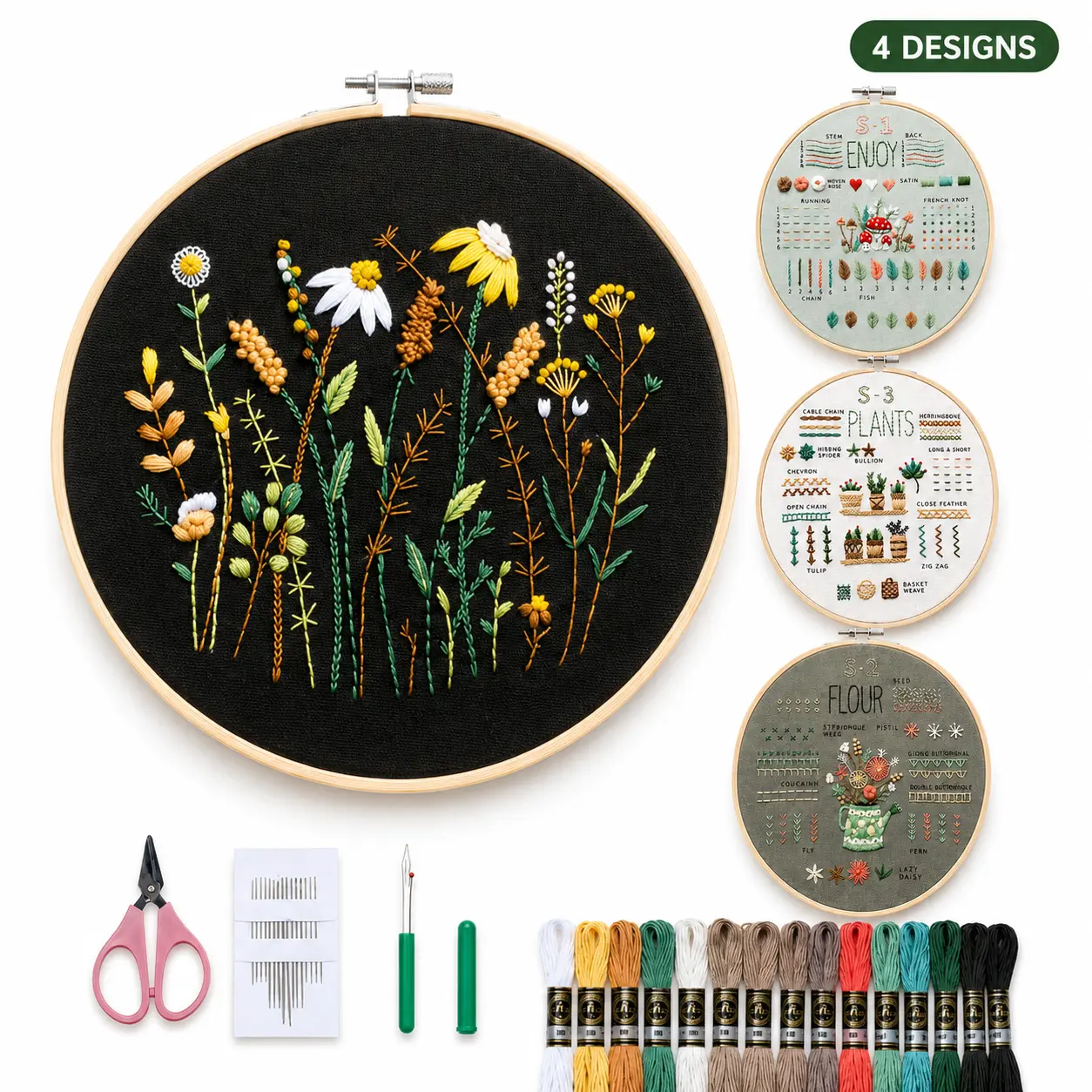 4 Pack Embroidery Kit for Beginners, Floral Cross Stitch Starter Set with Hoops, Mixed Color Threads, Needles and Tools, DIY Needlepoint Arts and Crafts Gift for Adults handmade