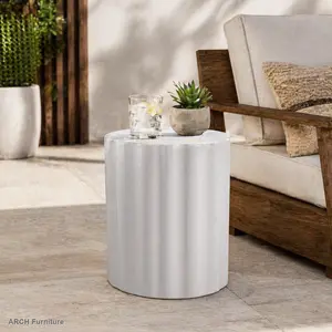 Lightweight Concrete Outdoor Side Table - Outdoor Patio Furniture, Minimalist Home Decor, Cylindrical Shape with Fluted Edge, Base-Included, Ready-to-Use